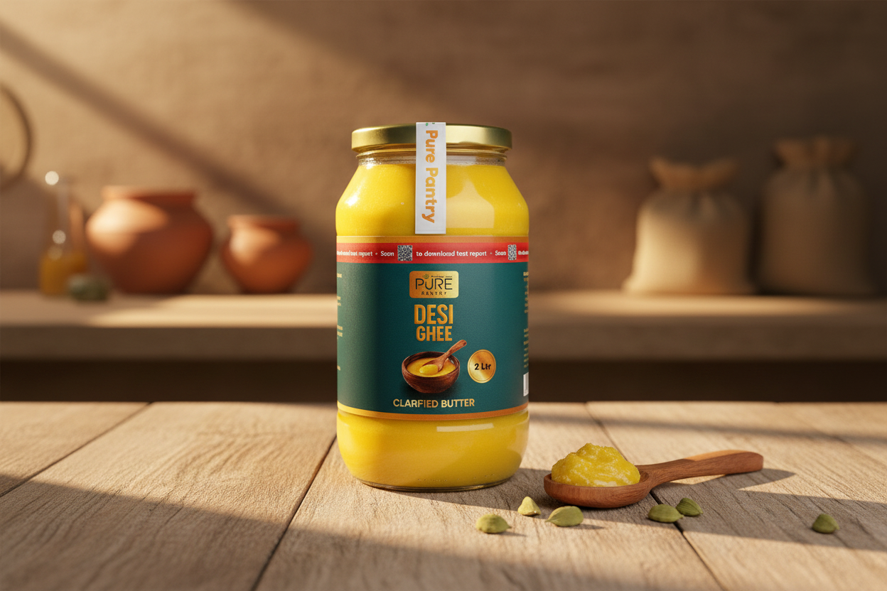 Pure Pantry Desi-Ghee with label facing camera